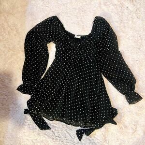 Polka Dot Pinup Retro Whimsical Witchy Dark Fairy Puff Sleeve Smocked Mini Dress